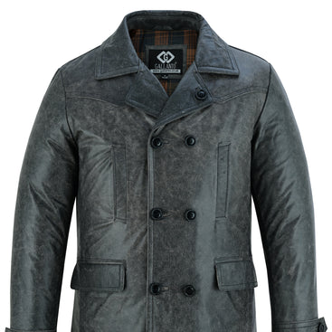 Vintage Stone Wash Men’s Leather Jacket Double Breasted Military