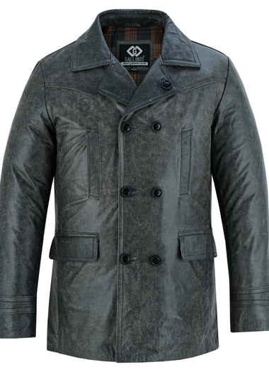 Vintage Stone Wash Men’s Leather Jacket Double Breasted Military