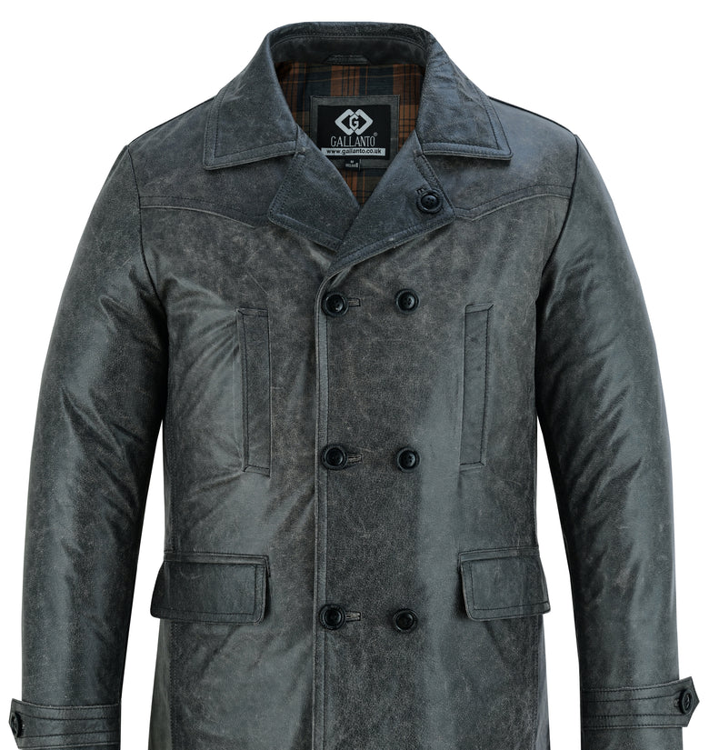 Vintage Stone Wash Men’s Leather Jacket Double Breasted Military