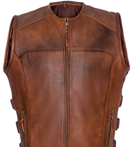 Brown Premium Perforated Leather Motorcycle Biker Vest Waistcoat Cowhide SWAT
