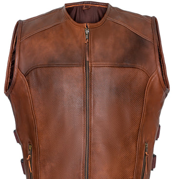 Brown Premium Perforated Leather Motorcycle Biker Vest Waistcoat Cowhide SWAT