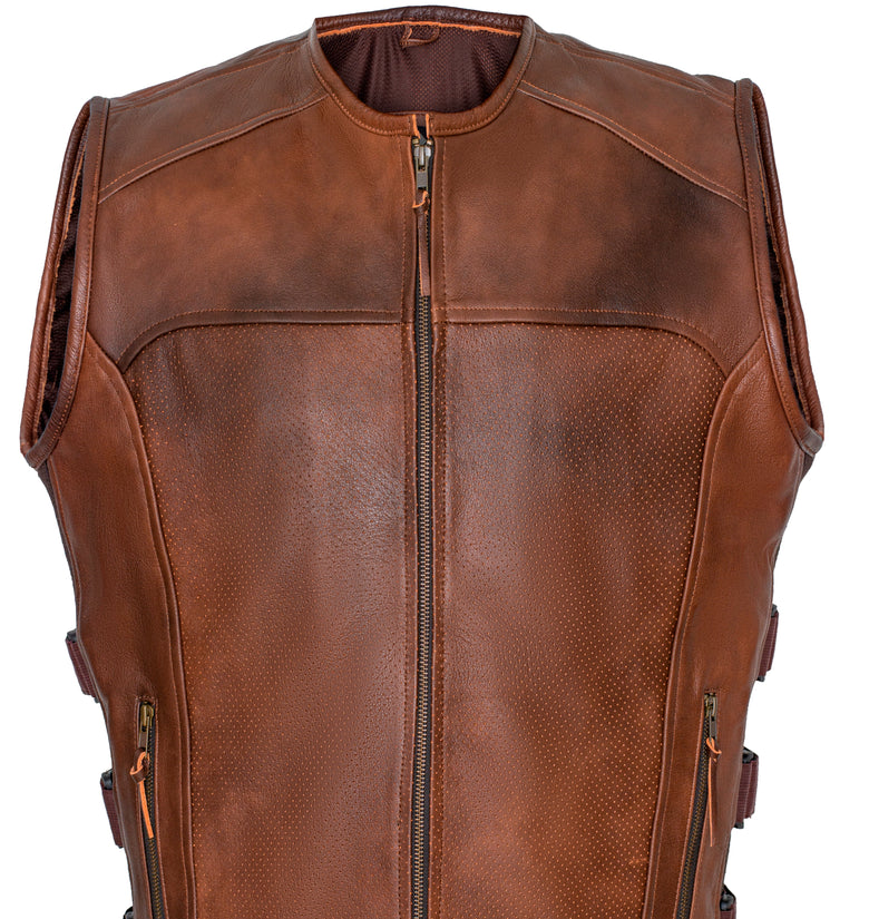 Brown Premium Perforated Leather Motorcycle Biker Vest Waistcoat Cowhide SWAT