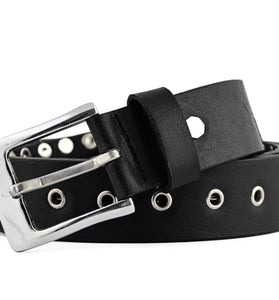 Classic Black Genuine Leather Studded Belt Round Pyramid Rivet Design