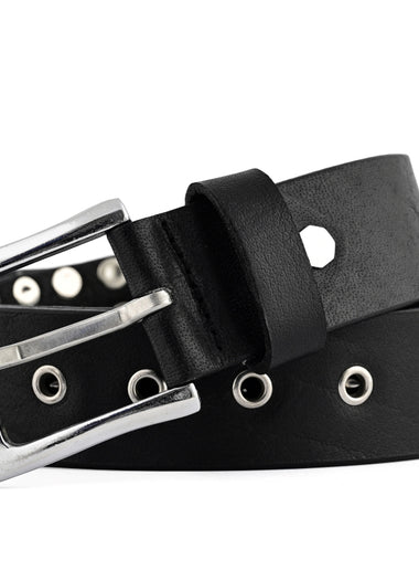 Classic Black Genuine Leather Studded Belt Round Pyramid Rivet Design