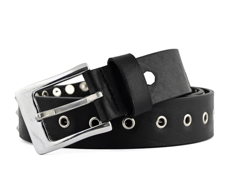 Classic Black Genuine Leather Studded Belt Round Pyramid Rivet Design