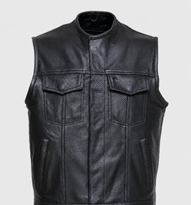 Men’s Premium Black Perforated Leather Biker Vest Breathable Motorcycle Waistcoat