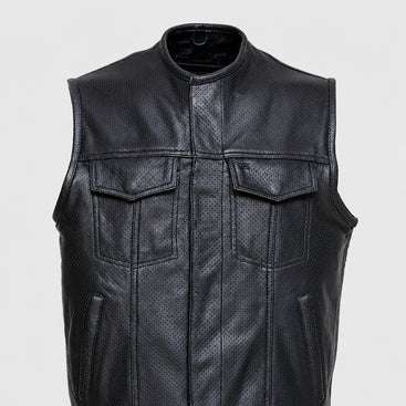 Men’s Premium Black Perforated Leather Biker Vest Breathable Motorcycle Waistcoat