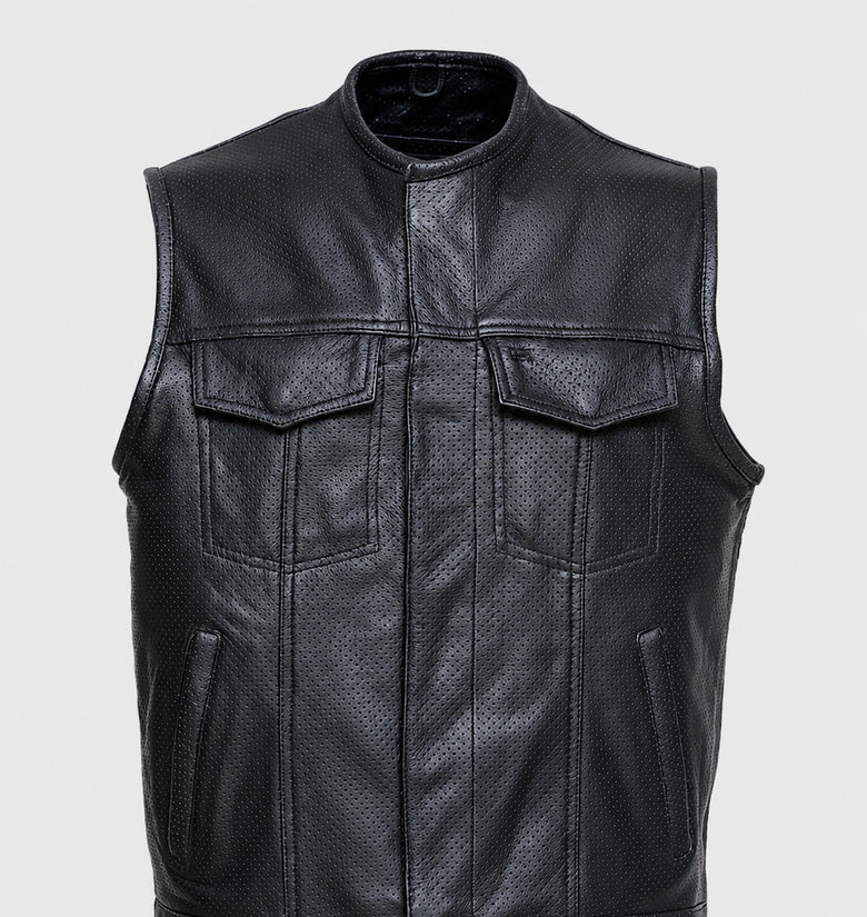Men’s Premium Black Perforated Leather Biker Vest Breathable Motorcycle Waistcoat