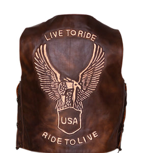Men’s Vintage Brown Leather Biker Vest Embossed Eagle Live to Ride Waistcoat