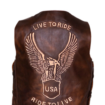 Men’s Vintage Brown Leather Biker Vest Embossed Eagle Live to Ride Waistcoat