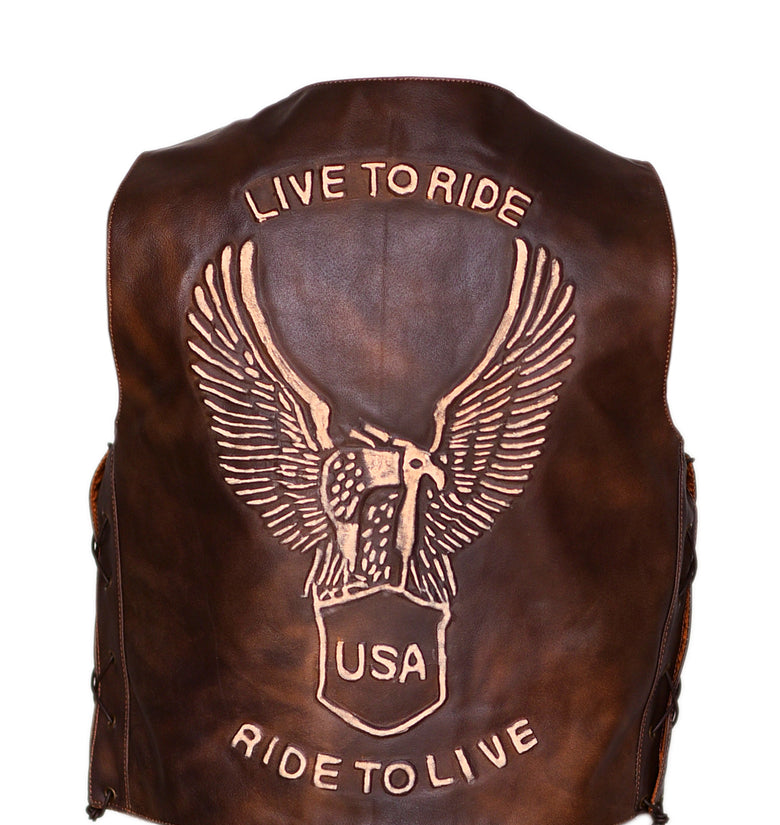Men’s Vintage Brown Leather Biker Vest Embossed Eagle Live to Ride Waistcoat