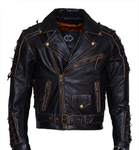 Men’s Vintage Black Brando Leather Biker Jacket – Antique Rub-Off Lace Motorcycle Jacket