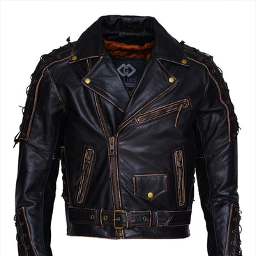 Men’s Vintage Black Brando Leather Biker Jacket – Antique Rub-Off Lace Motorcycle Jacket