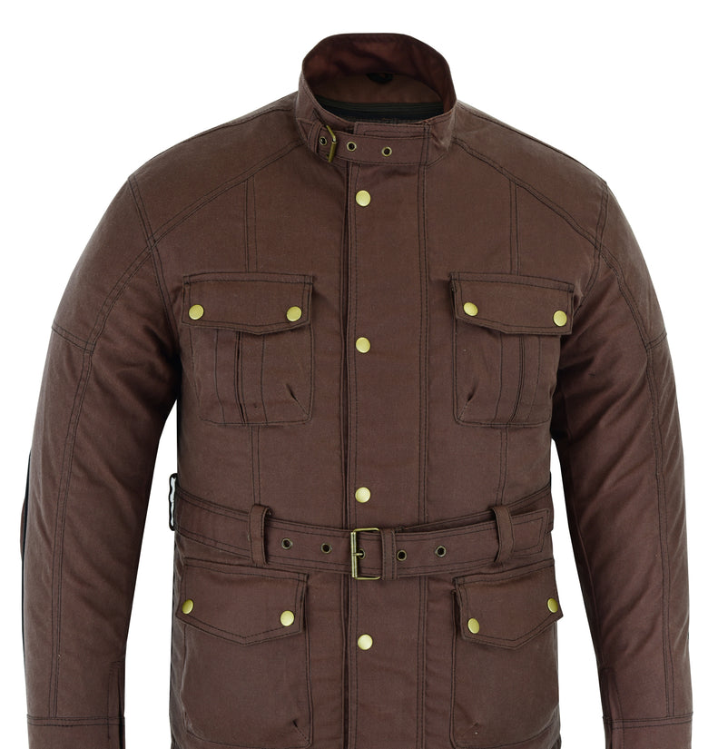 Veste Moto Ceinturée 4 Poches Walker & Hawkes Homme - Imperméable Cire Brown Large