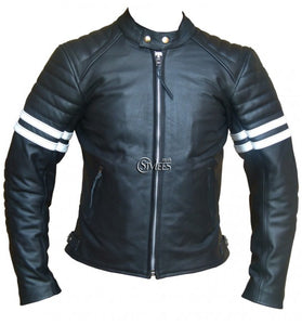 White Striped Cafe Racer Style Retro Leather Jacket