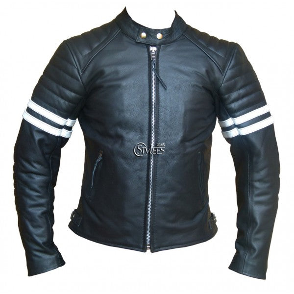 White Striped Cafe Racer Style Retro Leather Jacket
