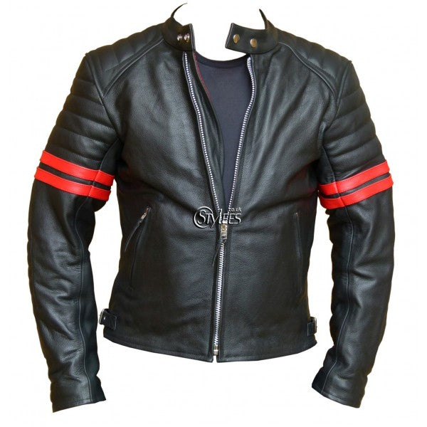Red Striped Cafe Racer Style Retro Leather Jacket