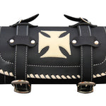 Black Motorcycle Leather Tool Bag with creme Iron Cross and Triming Biker rool