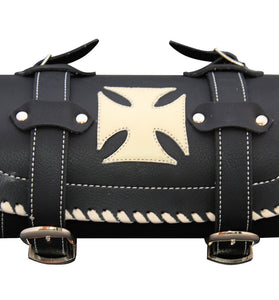 Black Motorcycle Leather Tool Bag with creme Iron Cross and Triming Biker rool