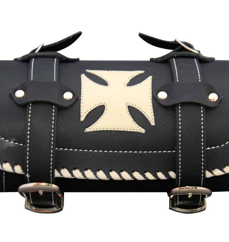 Black Motorcycle Leather Tool Bag with creme Iron Cross and Triming Biker rool