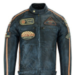 Mens British Motorcycle Black Wax Leather Badges Jacket Biker Tan Green Striped 