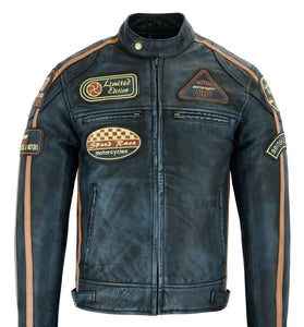 Mens British Motorcycle Black Wax Leather Badges Jacket Biker Tan Green Striped 