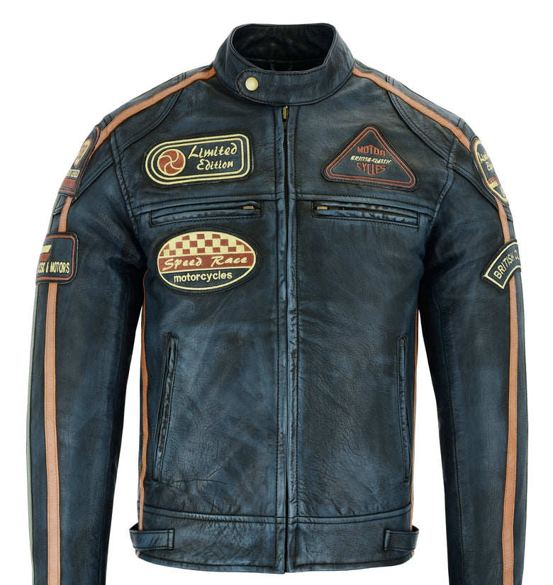 Mens British Motorcycle Black Wax Leather Badges Jacket Biker Tan Green Striped