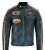 Mens British Motorcycle Black Wax Leather Badges Jacket Biker Tan Green Striped 