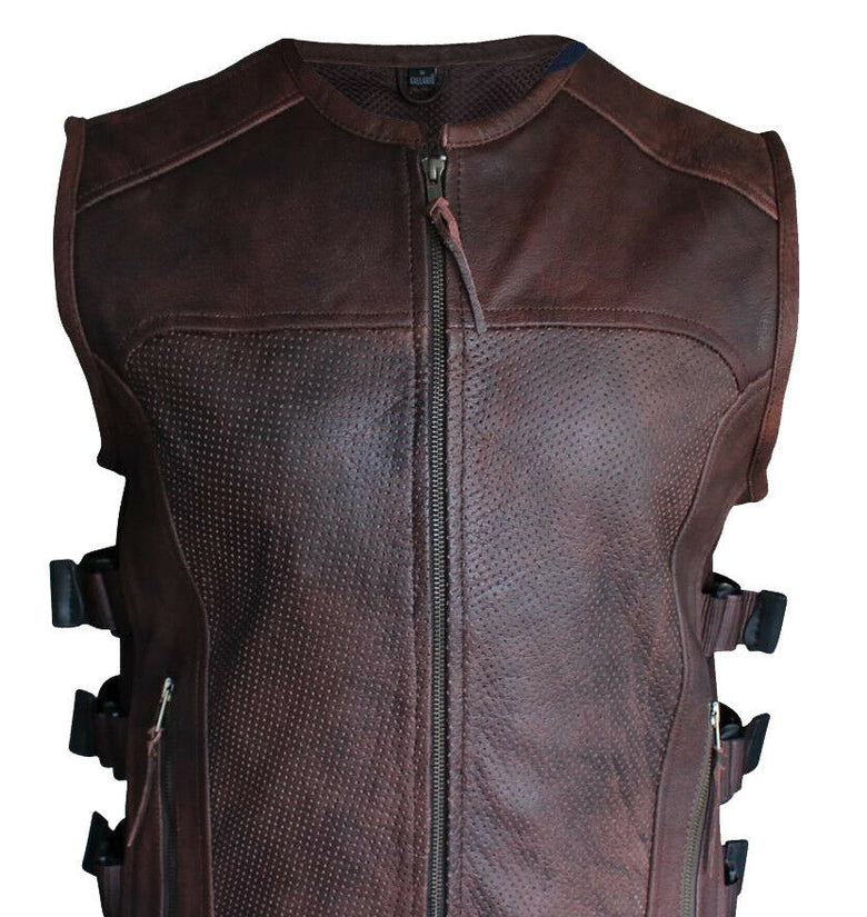 Brown Premium Perforated Leather Motorcycle Biker Vest Waistcoat Cowhide SWAT