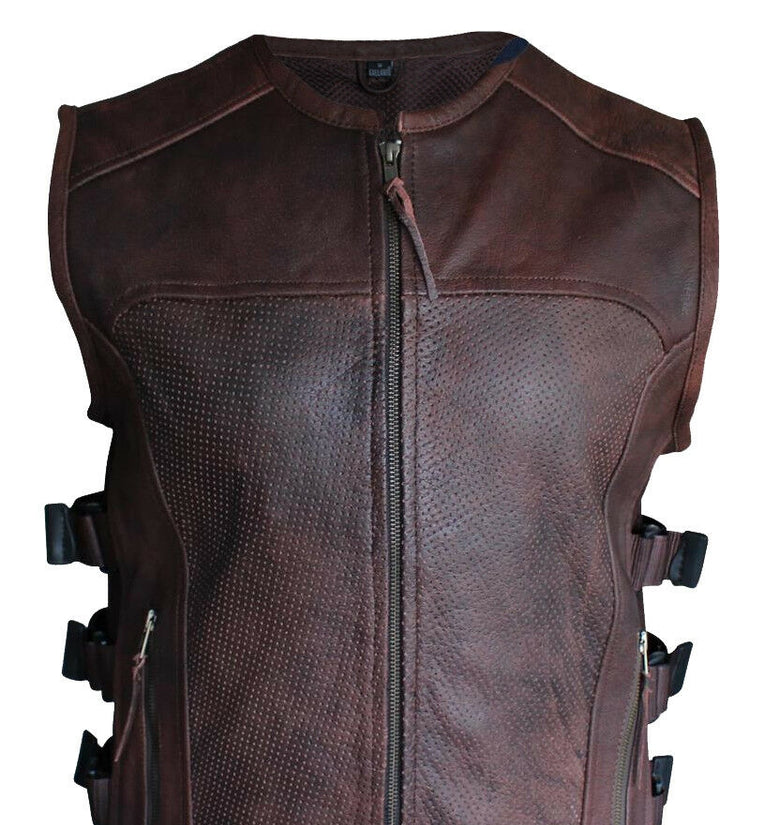 Brown Premium Perforated Leather Motorcycle Biker Vest Waistcoat