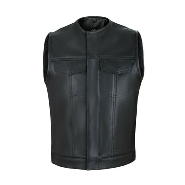 Collarless Cut off Black Mens Vest Waistcoat Gilet Biker Motorcycle Leather