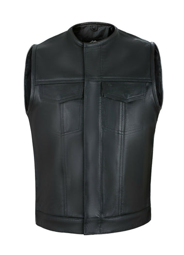 Collarless Cut off Black Mens Vest Waistcoat Gilet Biker Motorcycle Leather