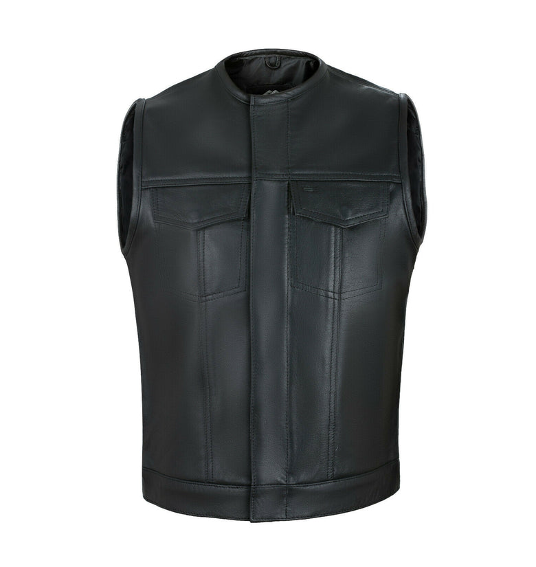 Collarless Cut off Black Mens Vest Waistcoat Gilet Biker Motorcycle Leather