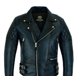 2 Toned Black & Blue Diamond Motorcycle Biker Soft Leather Jacket - Fashion