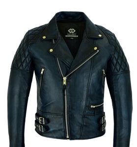 2 Toned Black & Blue Diamond Motorcycle Biker Soft Leather Jacket - Fashion