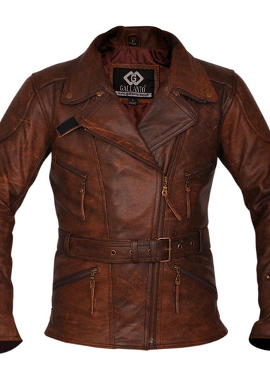 Demi Women Ladies 3/4 Motorcycle Biker Brown Distressed Vintage Leather Jacket