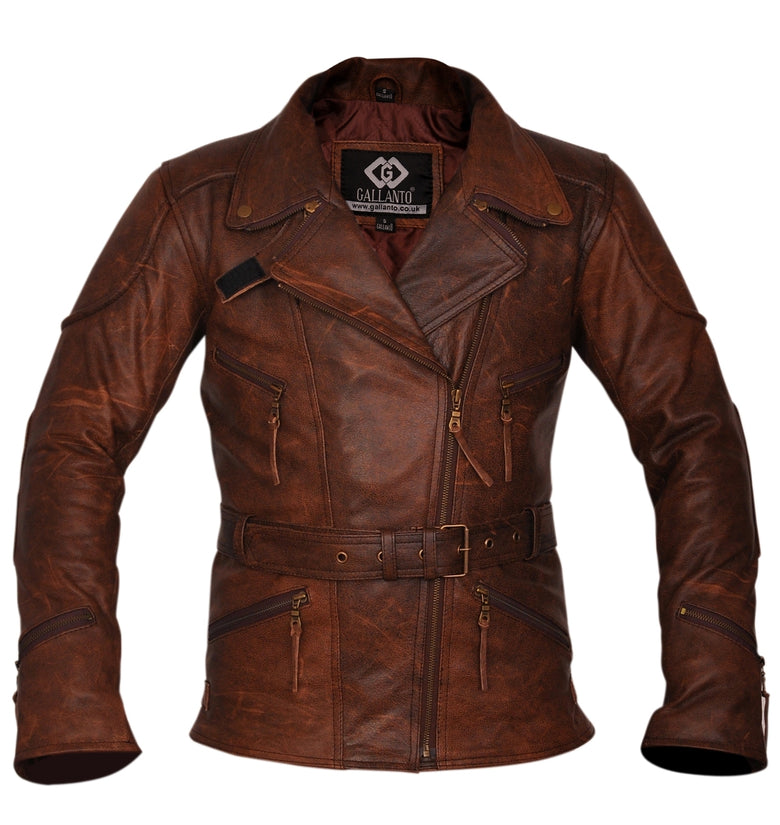 Demi Women Ladies 3/4 Motorcycle Biker Brown Distressed Vintage Leather Jacket