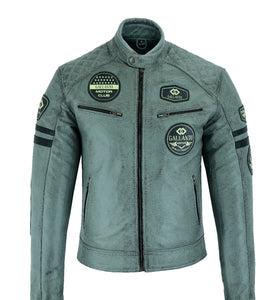 Classic Mens Grey Motorcycle Leather Jacket With Badges Biker Black Striped 