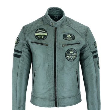 Classic Mens Grey Motorcycle Leather Jacket With Badges Biker Black Striped 