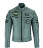 Classic Mens Grey Motorcycle Leather Jacket With Badges Biker Black Striped 