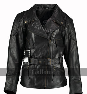 Black Demi Womens Long Leather Biker Jacket