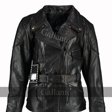 Black Demi Womens Long Leather Biker Jacket