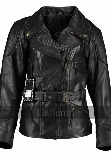 Black Demi Womens Long Leather Biker Jacket
