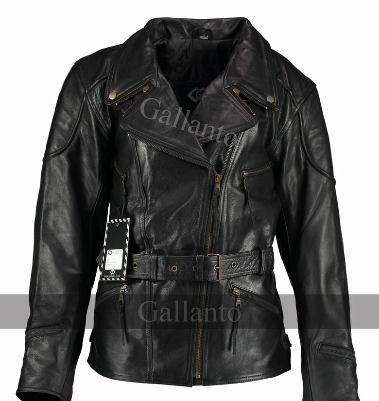 Black Demi Womens Long Leather Biker Jacket