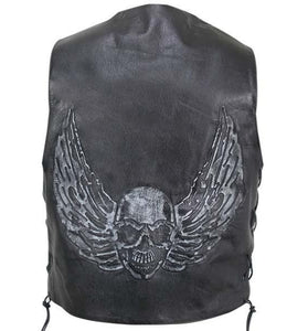 Men’s Black Distressed Leather Biker Vest with Flying Skull Graphics