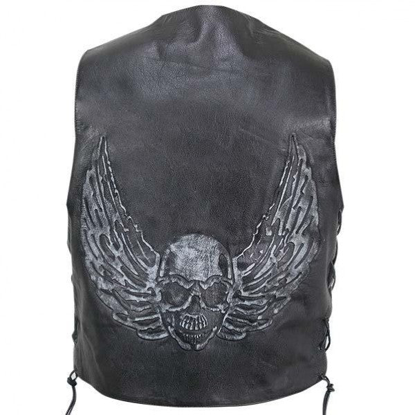 Men’s Black Distressed Leather Biker Vest with Flying Skull Graphics
