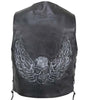 Men’s Black Distressed Leather Biker Vest with Flying Skull Graphics