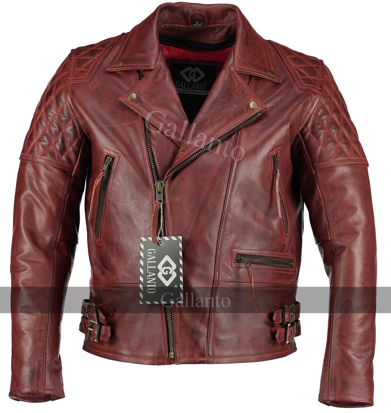 Vintage Red Classic Diamond Biker Leather Jacket
