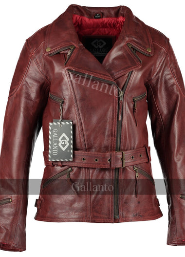 Vintage Red Demi Womens Long Leather Biker Jacket