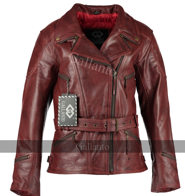 Vintage Red Demi Womens Long Leather Biker Jacket